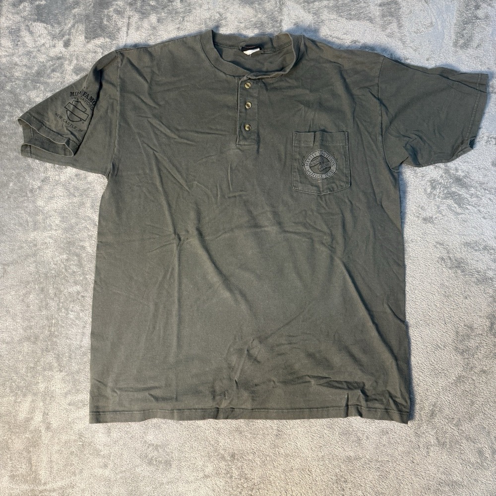 Vintage Harley Davidson Henley T Shirt New Castle DE Pocket Men's XL Olive
